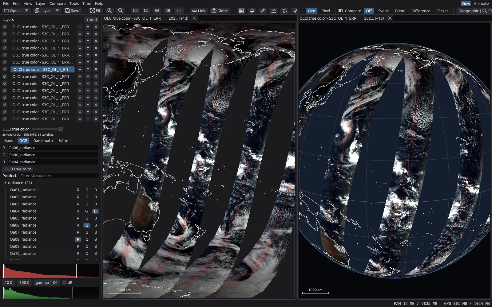 eoview with fourteen Sentinel-3 OLCI orbits as a true-color layer, in a 2D map at the left and on a 3D globe at the right.